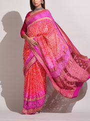 Pink and Orange Chinnon Georgette Bandhani Zari Saree