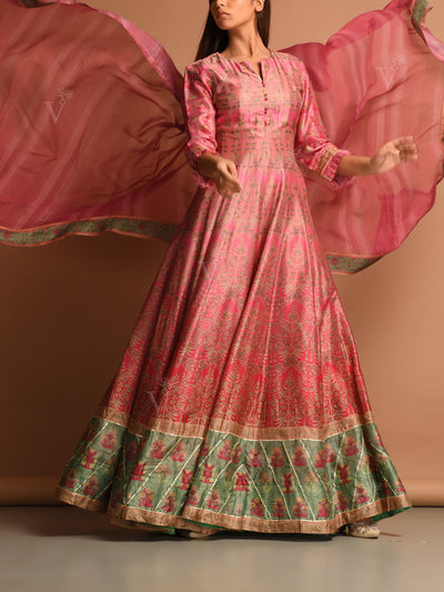 Rose Pink Silk Printed Anarkali Gown
