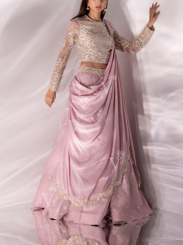 Pink Leaf Embroidered Blouse With An Attached Dupatta Paired With A Blush  Pink Lehenga | forum.iktva.sa