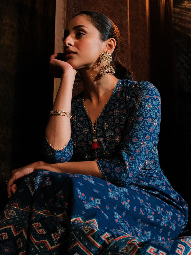 Blue Cotton Printed Anarkali Gown