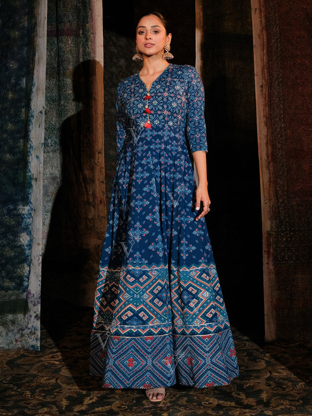 Blue Cotton Printed Anarkali Gown