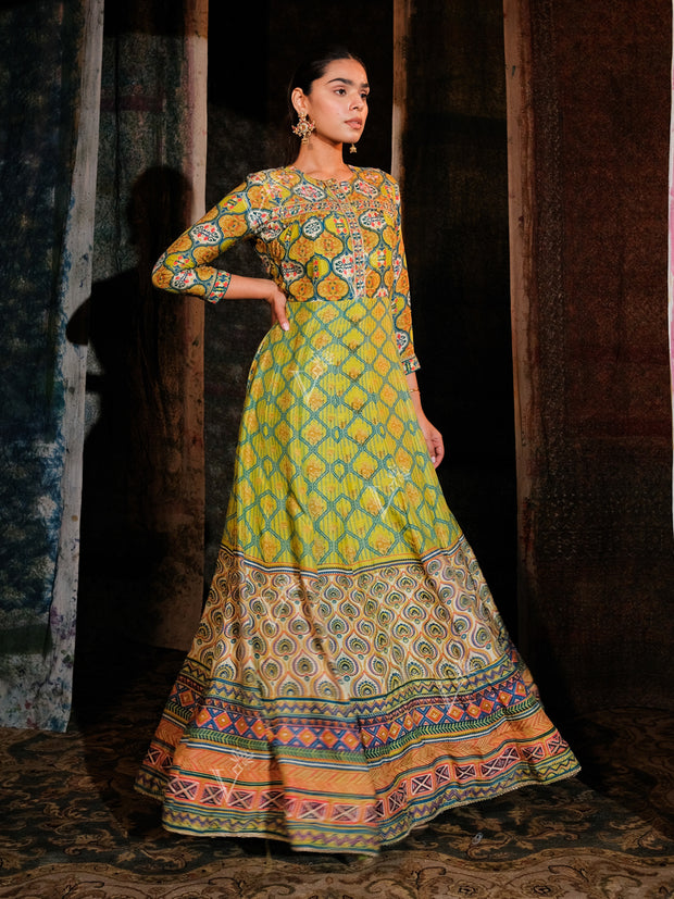 Lime Green Cotton Printed Anarkali Gown