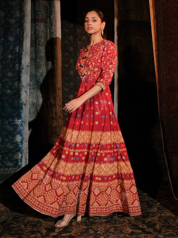 Red Printed Cotton Anarkali Gown