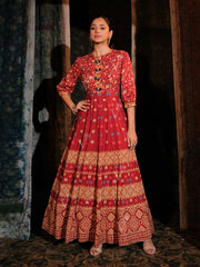 Red Printed Cotton Anarkali Gown