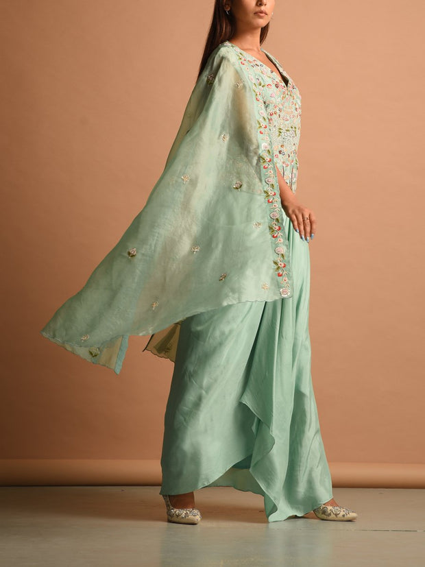 Turquoise Drape Skirt With Embroidered Cape