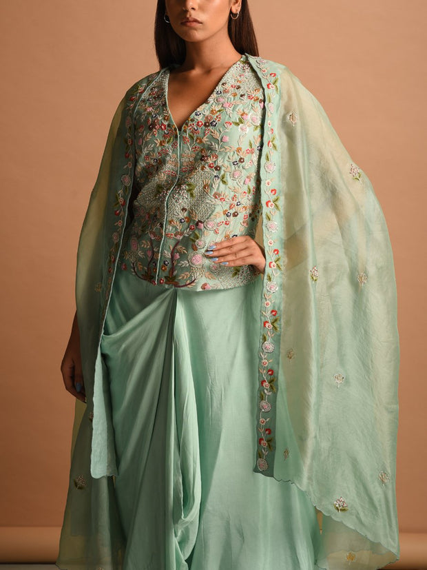 Turquoise Drape Skirt With Embroidered Cape