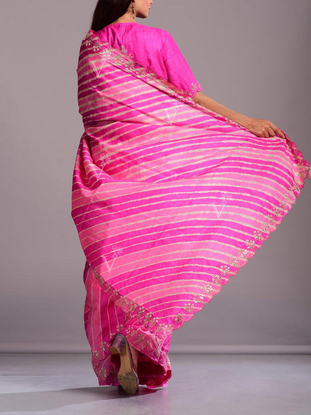 Light Pink And Peach Silk Leheriya Gota Patti Saree