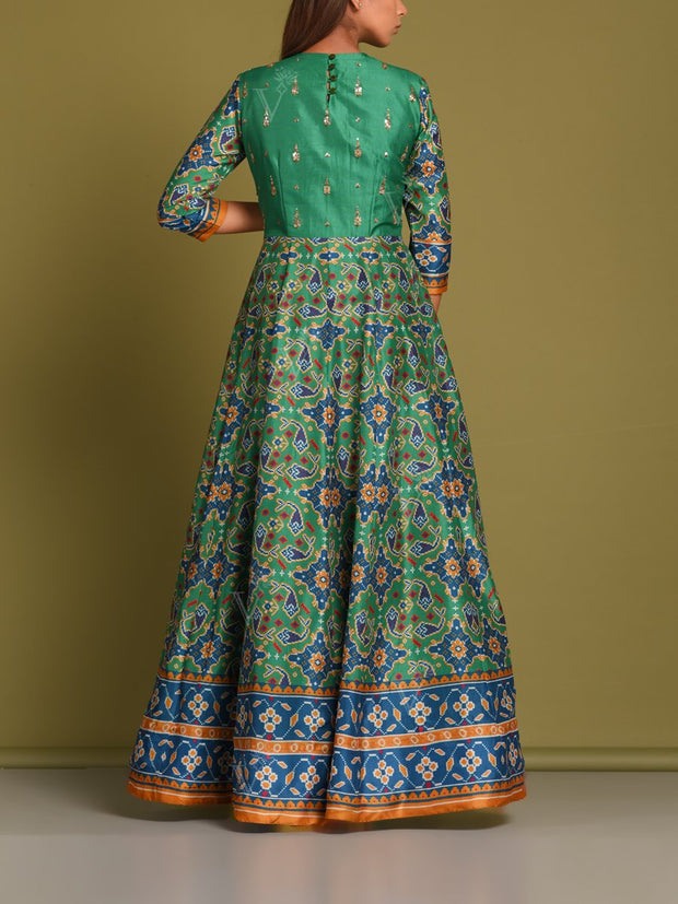 Green Vasansi Silk Patola Anarkali Gown