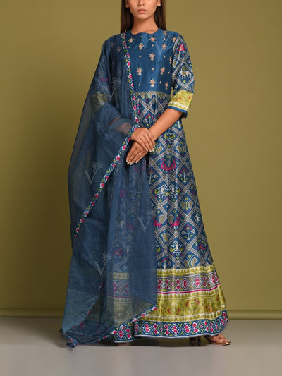 Berry Blue Vasansi Silk Patola Anarkali Gown