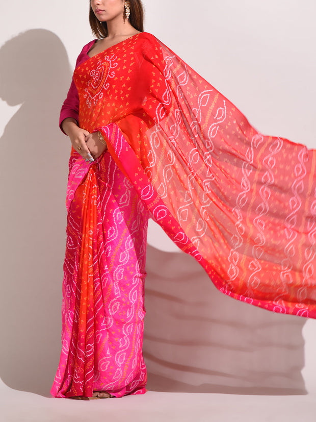 Red And Pink Chinnon Bandhani Saree