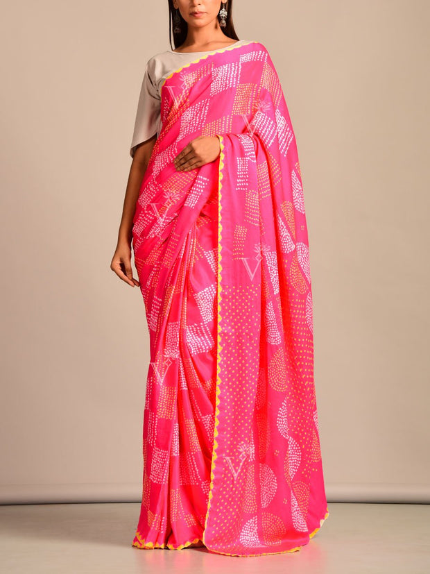 Saree, Sarees, Printed, Silk, Moder, Bandhani, Bandhej, Polka dots, Traditional wear, Traditional outfit, Light weight, Regular wear, Casual wear