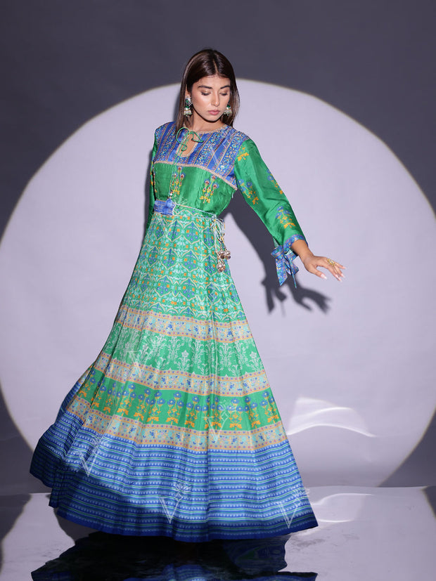 Peacock Green and Blue Vasansi Silk Printed Anarkali Gown