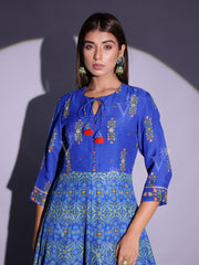 Peacock Blue Vasansi Silk Printed Anarkali Gown