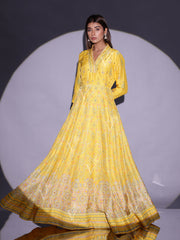 Yellow Vasansi Silk Printed Anarkali Gown