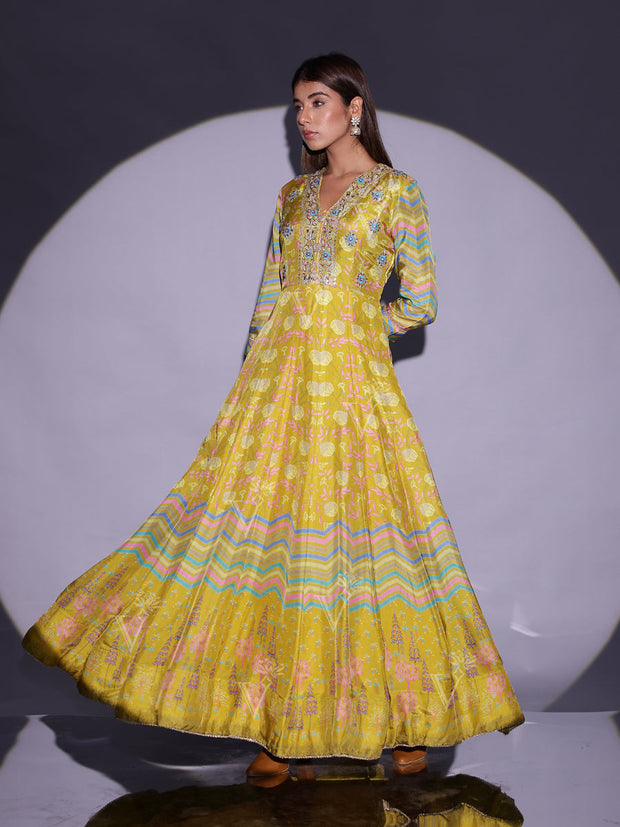 Yellow Vasansi Silk Printed Anarkali Gown