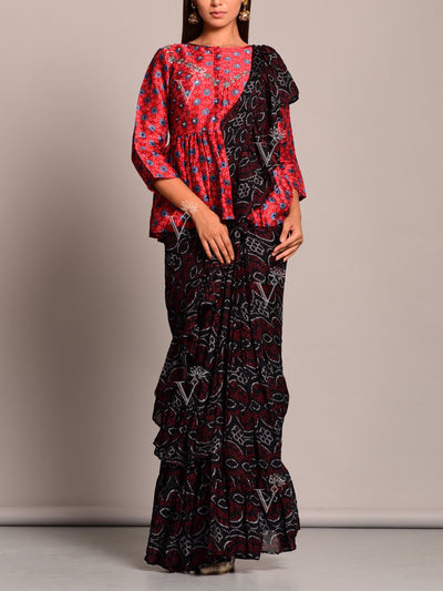 Saree, Sarees, Pre drape, Printed, Bandhani, Bandhej, Silk, Modern, Contemporary, Traditional wear, Traditional outfit