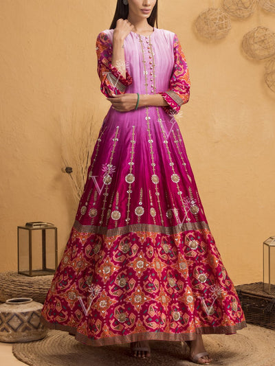 Handcrafted Pink Ombre Silk Patola Anarkali