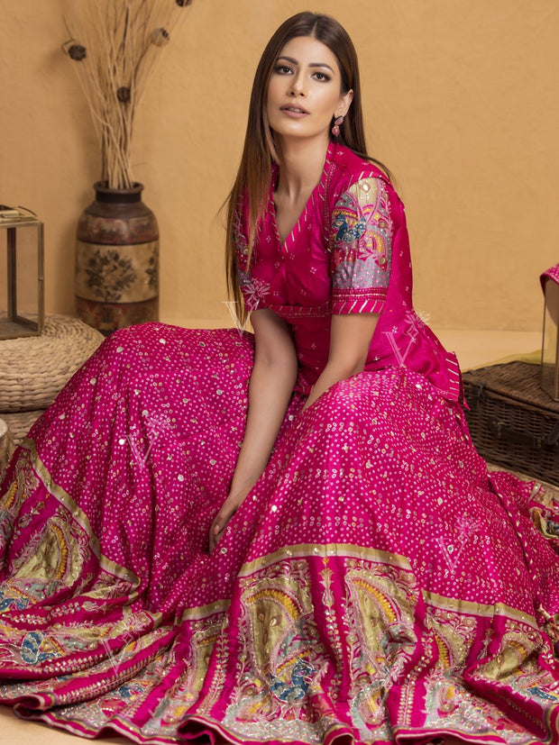 Pink Bandhani Silk Lehenga With Rajputi Tunic