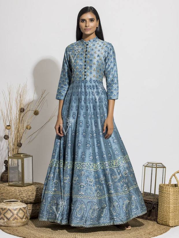 Sea Blue Silk Handcrafted Anarkali Gown