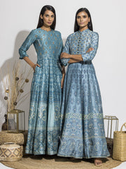 Sea Blue Silk Handcrafted Anarkali Gown