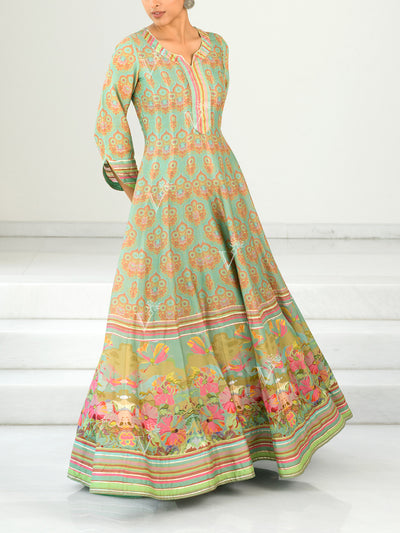 Pastel Green Silk Printed Anarkali Gown